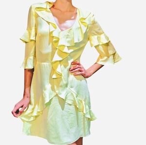 Amanda Uprichard Butter Yellow Ruffle Mini Dress Half Sleeves V Neck Size Small